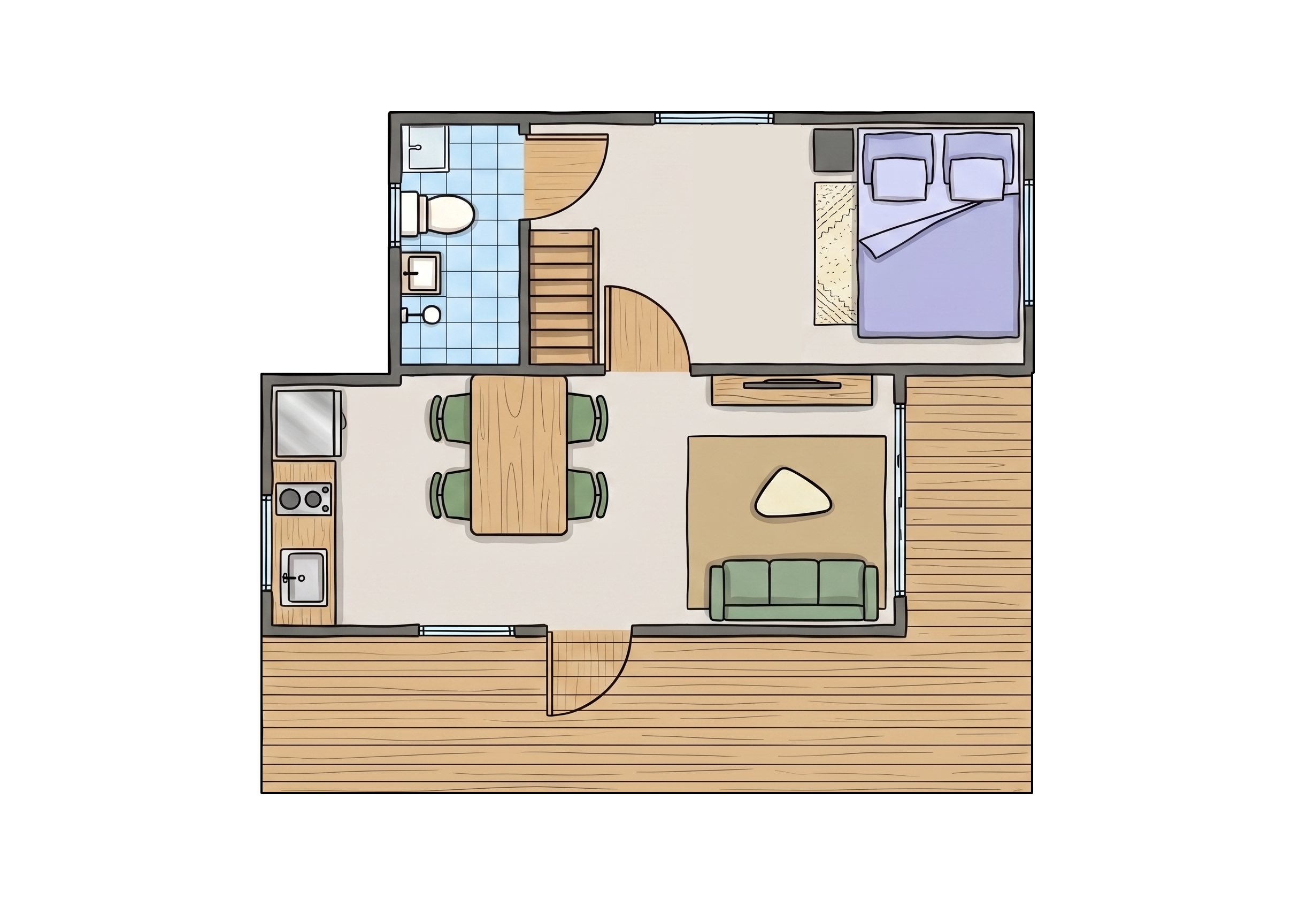 Link Wood House VR Tour - Prefab home with kitchen, living room, bedroom and bathroom